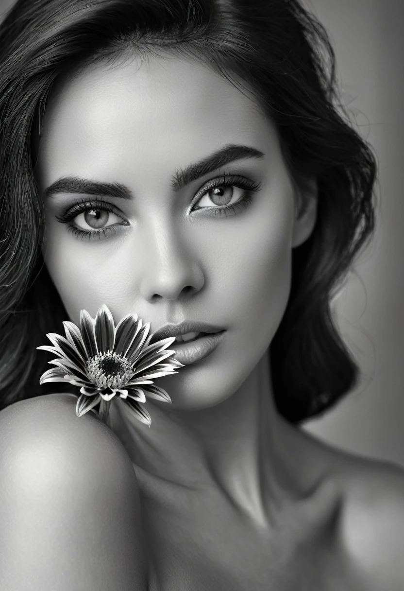 A black and white photo in raw format, zooming in on the intricate details of a woman's face, revealing the delicate lines of her skin and the depth of her expressive eyes. Frame the shot with a solitary striking flower, delicately held in the woman's hand, adding a touch of softness and femininity to the composition, enhancing the dramatic contrast and textures of the monochrome image.