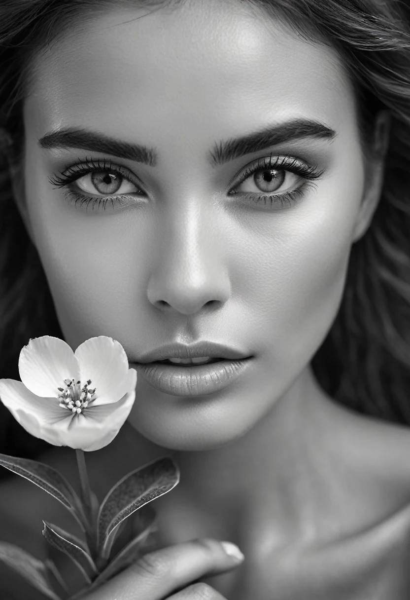A black and white photo in raw format, zooming in on the intricate details of a woman's face, revealing the delicate lines of her skin and the depth of her expressive eyes. Frame the shot with a solitary striking flower, delicately held in the woman's hand, adding a touch of softness and femininity to the composition, enhancing the dramatic contrast and textures of the monochrome image.