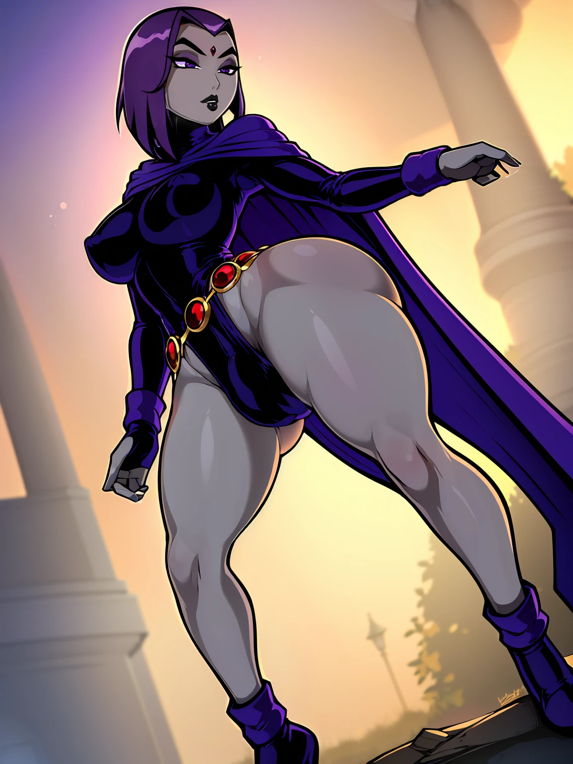 (solo:1.1),(masterpiece), (best quality:1.3), ultra detailed, intricate, professional art, digital art, absurdres, shadraven, (Full body view:1.1), 1girl, solo, (grey skin:1.4), dark purple hair, bob hair, purple eyes, hips wider than shoulders, pear shaped body, jewellery, detailed thighs, thick thighs, red jewel in forehead, jewels, (long sleeved turtleneck leotard:1.3), cuffs, small breasts, (shadraven cloak), (Shadraven broach:1.2), Shadraven jewel belt, Shadraven wearing a long sleeved leotard outside at night, long legs, ( long crotch bulge:1.4), large penis, large testicles, side angle view, looking at viewer, bubble butt , gluteal crease, universal lighting,,
