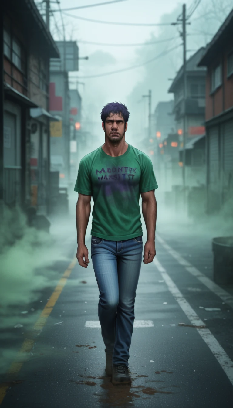 (zPDXL2), score_9_up, source_anime, 2D, flat color, BREAK 1boy, solo, fullbody, (athletic body), short messy black hair, brown eyes, (pale skin, drug addict, tired face), (walking, look to camera, centered pose), (deep purple color thick fog, deep purple mist around character, mystery atmosphere:1.5), (dirt t-shirt, jeans, green jacket), heavy atmosphere, BREAK AissistXLv2, unaestheticXL_bp5, SimplePositiveXLv2, zPDXL2 PonyXLV6_Scores