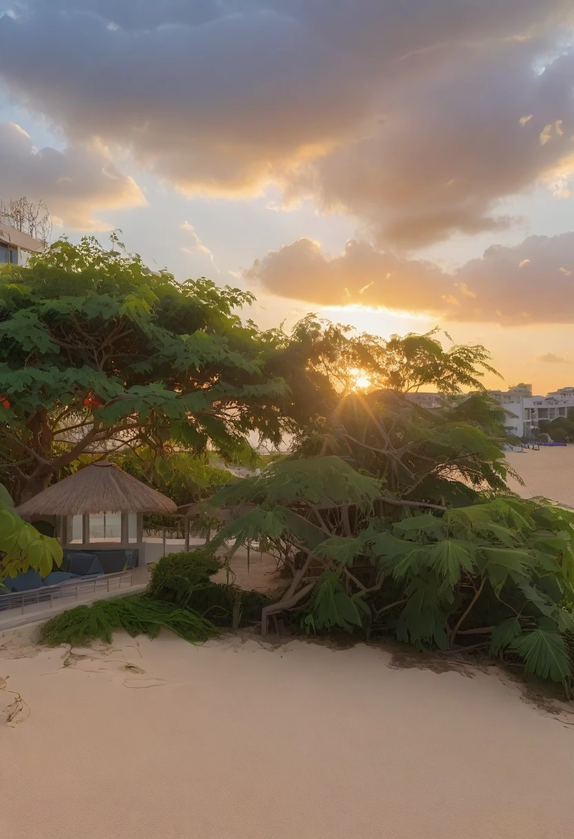 architecture, beach resort, vine, trees, cloud, sunset, vivid colours, sky, masterpiece,best quality,super detailed,realistic,photorealistic, 8k, sharp focus, a photo of a building day light, sun, cloud, RAW Photo, RAW texture, Super Realistic, 32K UHD, DSLR, soft lighting, high quality, film rating, Fujifilm XT3