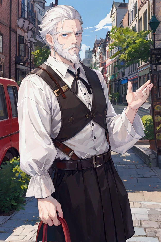 middle-aged white-haired man、Dressed as an adventurer、Short Beard、Center Parting、Town Square、A scene informing many residents of the danger、