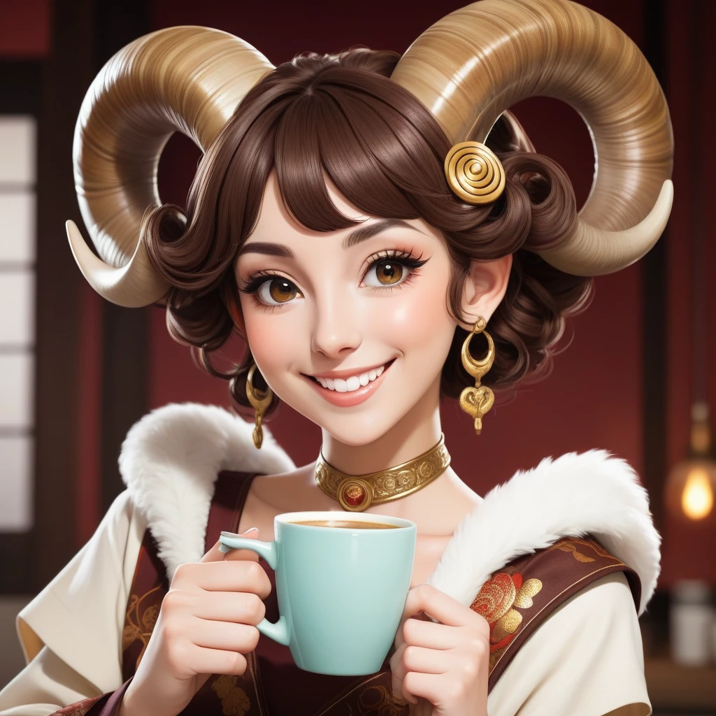 Mature anime-style Aries woman with elegant ram-horn hair accessories, smiling confidently while holding a steaming coffee mug
