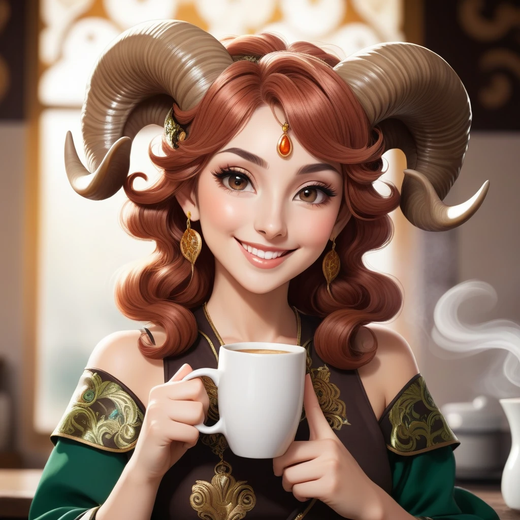 Mature anime-style Aries woman with elegant ram-horn hair accessories, smiling confidently while holding a steaming coffee mug