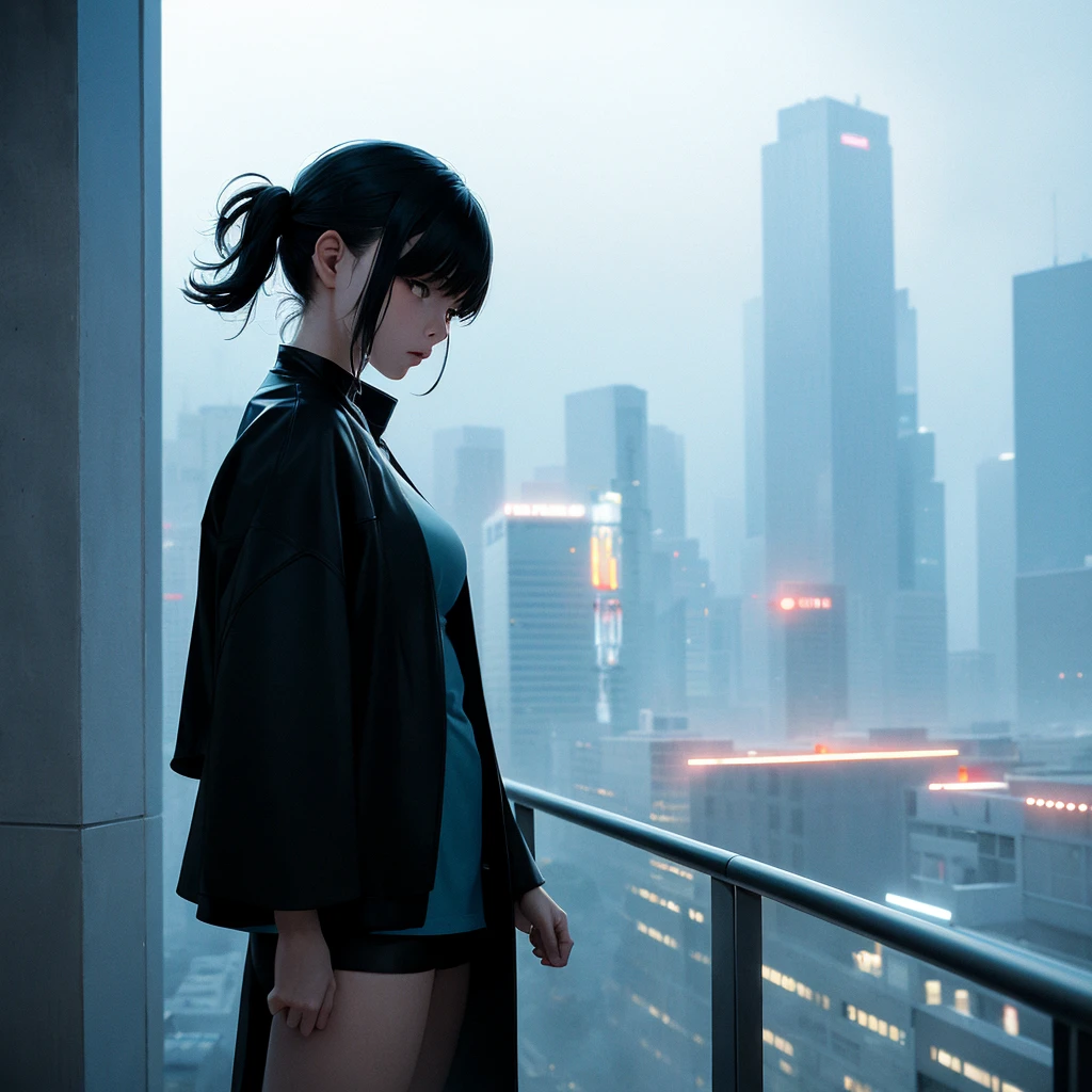 abstract colors, texture, Film Grain, Skin pores:0.Standing on a balcony overlooking a futuristic landscape、One Girl、One complex and dramatic portrait of a beautiful, windswept sci-fi scientist (Solarpunk)1.2 Cities, Foggy Morning, Movie stills, Blade Runner 2049, Punk Hairstyles, Altered carbon, (Analog Style)1.3 (Film Grain)1.3,