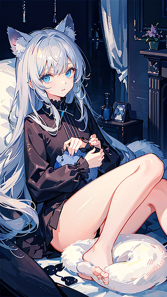 Pitch black cat、Light blue eyes、Curled up alone in the nearby room、Close-up of a cat、The background is night