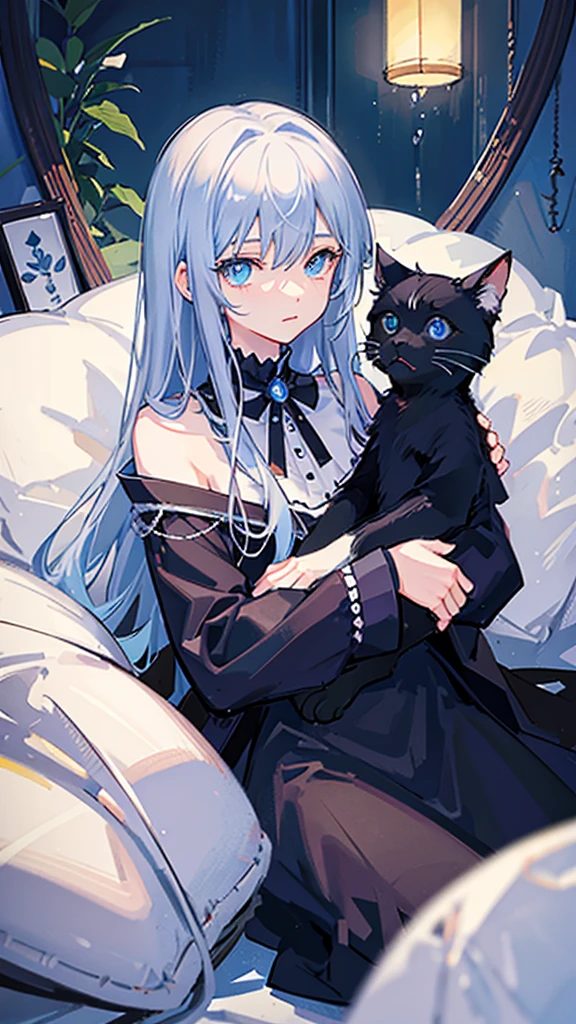 Pitch black cat、Light blue eyes、Curled up alone in the nearby room、Close-up of a cat、The background is night