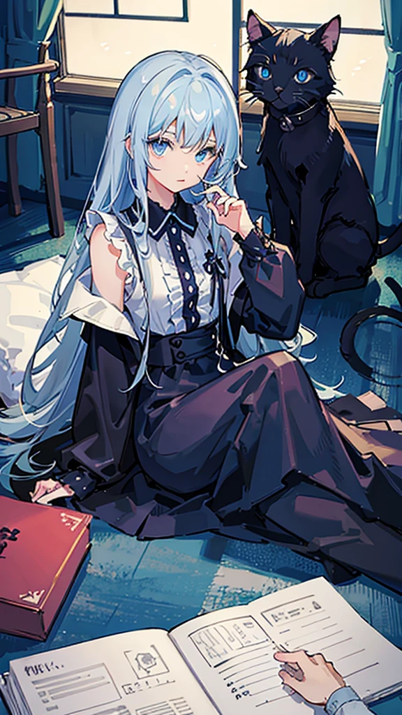 Pitch black cat、Light blue eyes、Curled up alone in the nearby room、Close-up of a cat、The background is night