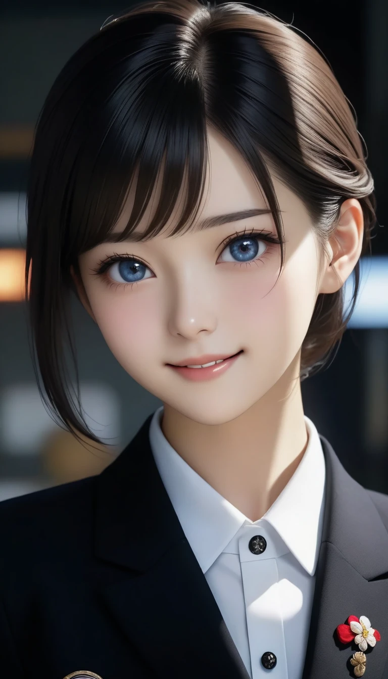 8k, Ultra-high resolution, Highest quality, masterpiece, 三分割法によるphotograph,Surreal, photograph, 1 girl, (16 years old:1.3), pretty girl, Cute Face, Beautiful eyes in every detail, 細かくdetailedに,masterpiece,One Girl:1.2, Japan Female Announcer,Tabletop,Glare,Black Hair,Slicked back hair,Blazer Uniform,White collared blouse,The chest buttons are open,Sharp focus、Perfect dynamic composition、Beautiful and detailed、Thin Hair、Realistic skin texture with attention to detail、smile、Close-up portrait、Model body type,Looking at the audience、beauty,Long neck、(((Ideal body type))),A-cup small breasts :2,、Portraiture:2、Perfect Anatomy、なdetailed、detailed、Surreal、Light and shadow,Strong light