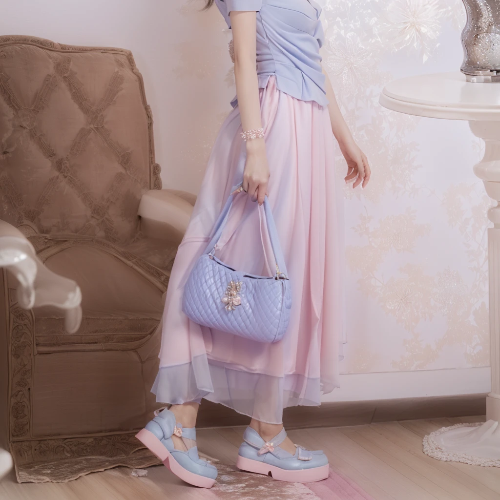 There is a lady standing in the room，Holding a blue purse in his hand, 🤬 🤮 💕 🎀, Pastel colors, soft style, Light blue outfit, soft cute colors, 可爱Soft tones彰显女性气质, Light blue色, Pastel colors, Lu, Soft tones, in Pastel colorss, Light colors, feminine Light colors, Light blue, Soft atmosphere Make the image clearer, keep the main body unchanged, and do not change the background of the dress or characters