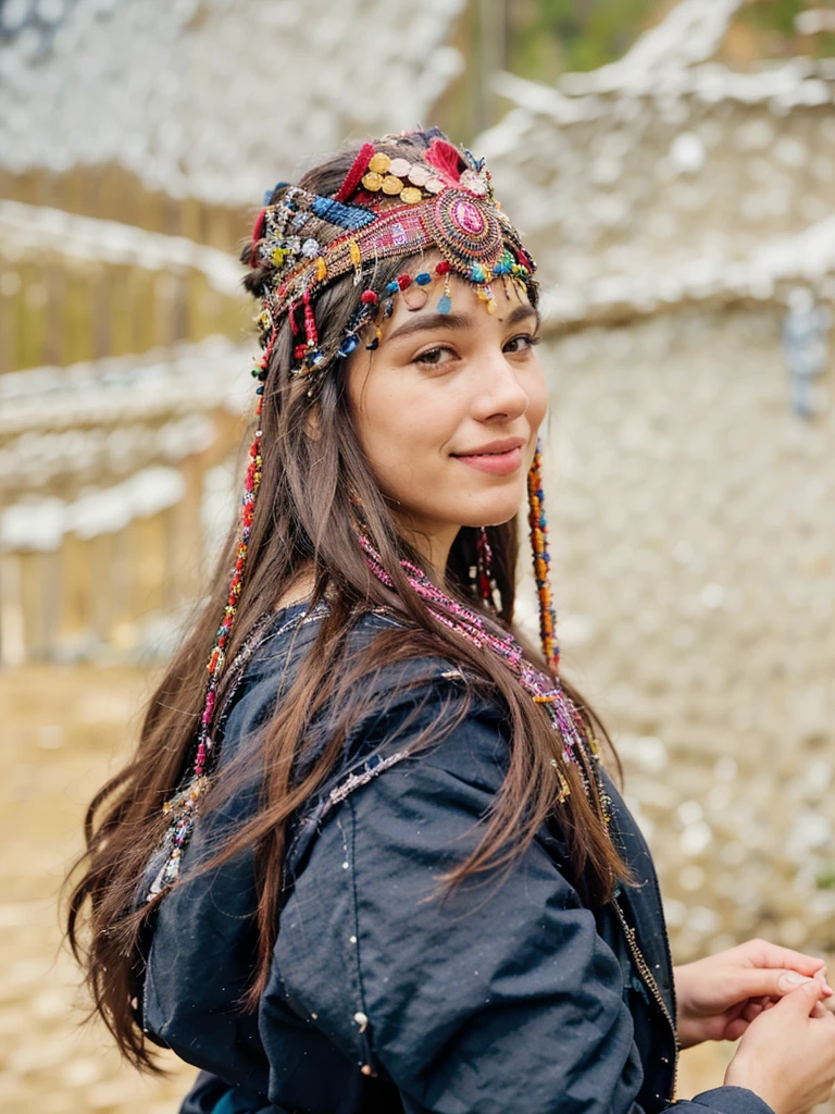 A woman with long dark hair is wearing a vibrant, multicolored beaded headdress adorned with coins and decorative elements. She is turning her head and smiling slightly, dressed in a dark jacket. The background features a rocky, blurred landscape with patches of snow, suggesting a mountainous area.