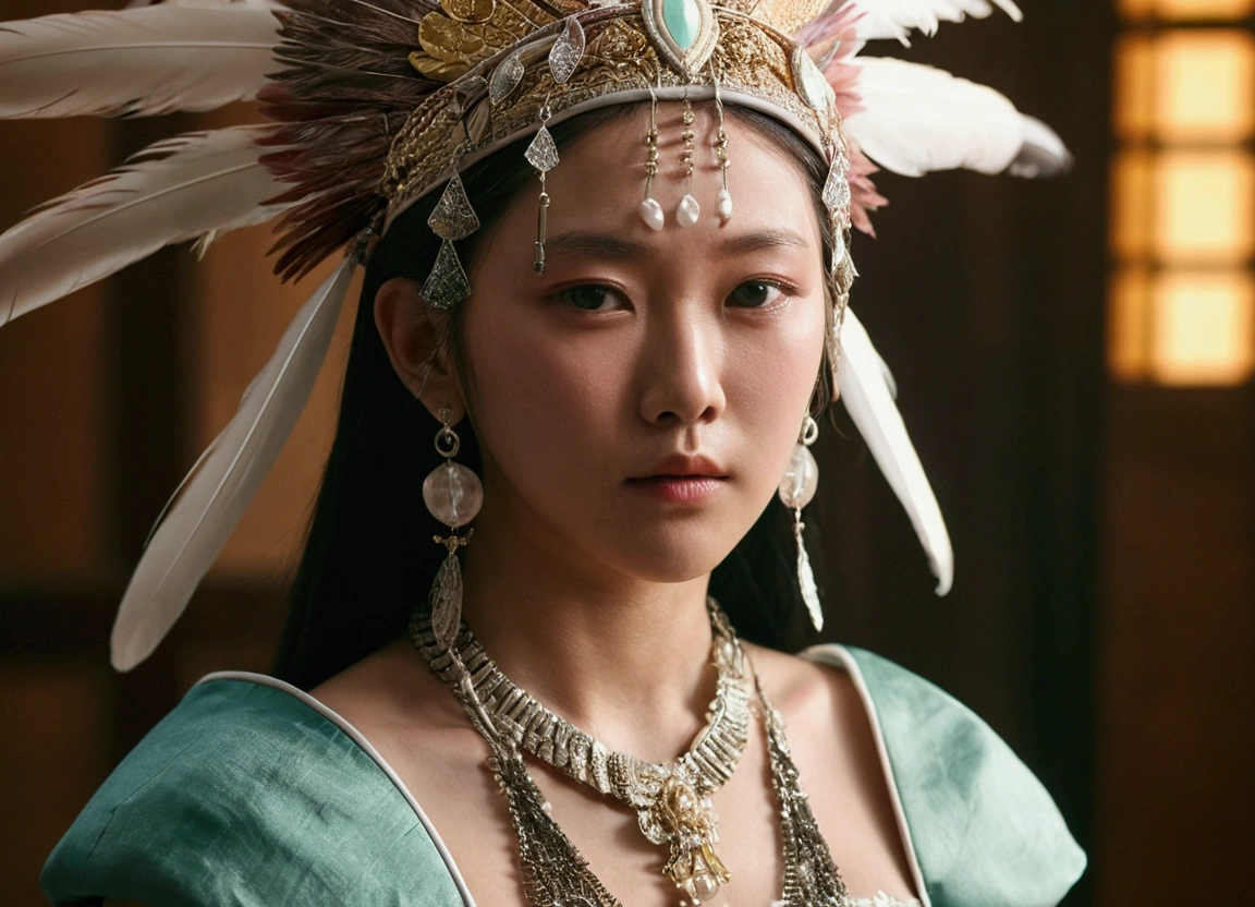 a close up of a person wearing a headdress, naver fanpop, soft light effect, film promotional still, discord profile picture, soft bloom lighting, rpg book portrait, fighting, expensive voluminous dress, feathered