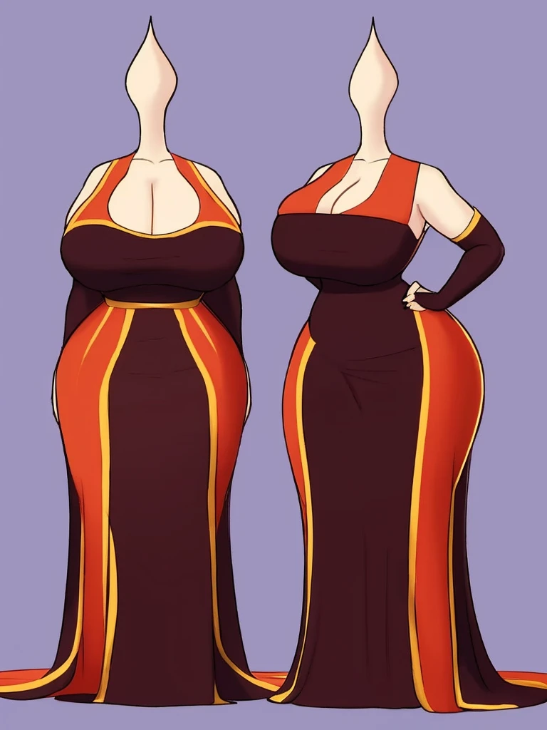 1 woman, age:45, wearing a skin tight long dress without any sleeves. The dress has a pretty deep neck cut. The dress has 1 slit on both side till her armpit, breast size is unrealistically enormous, butt size is unrealistically enormous, waist is unrealistically wide