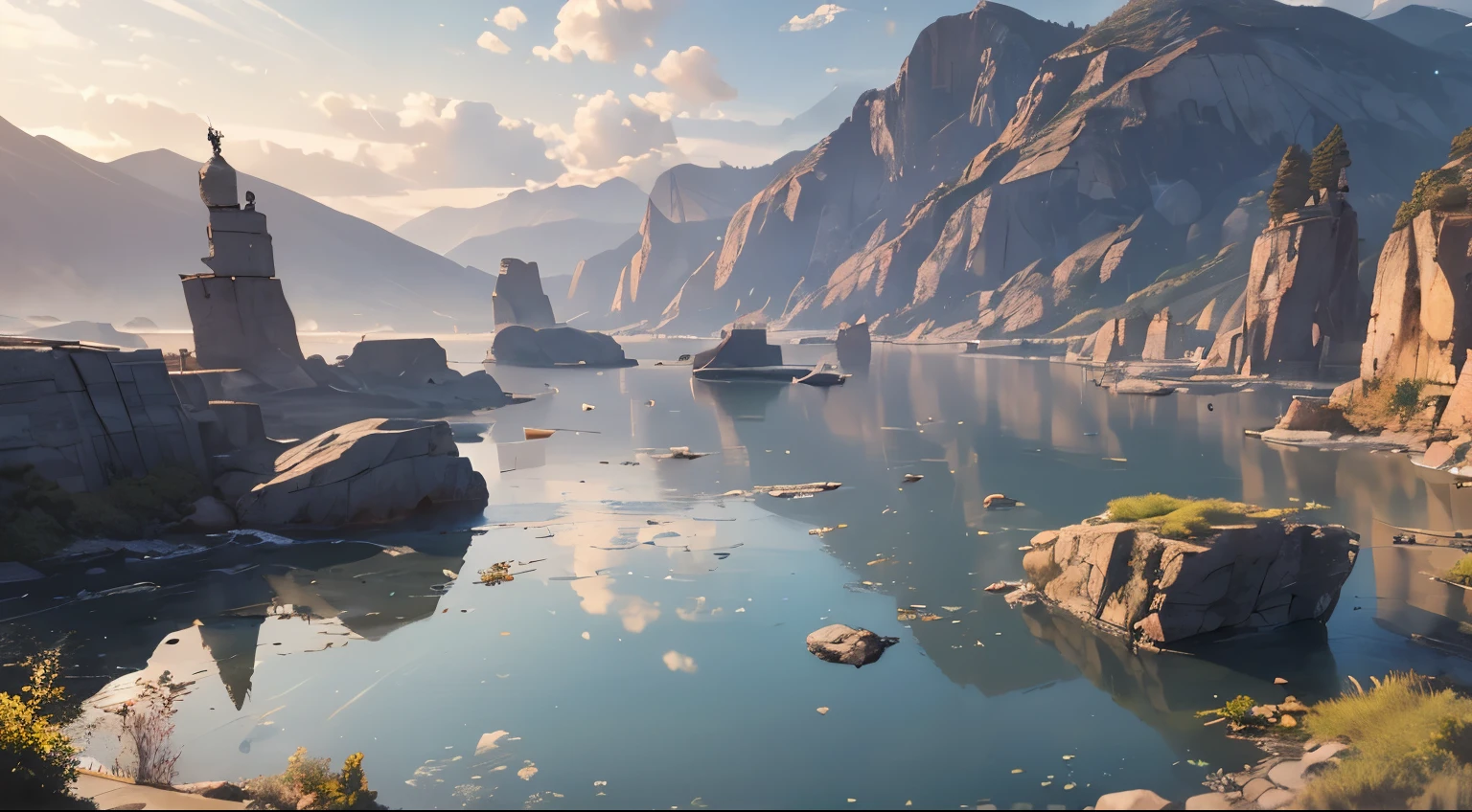 quiet place, very happy, beautiful, calm, landscape. Reality, 8K Ultra HD, Studio Quality, 超realism, Maximum detail, Large target, Post-Processing, realism, Photoshop, photography, detail, Cinema Lighting, landscape, panoramic, landscape, Ray Tracing, cinema4d