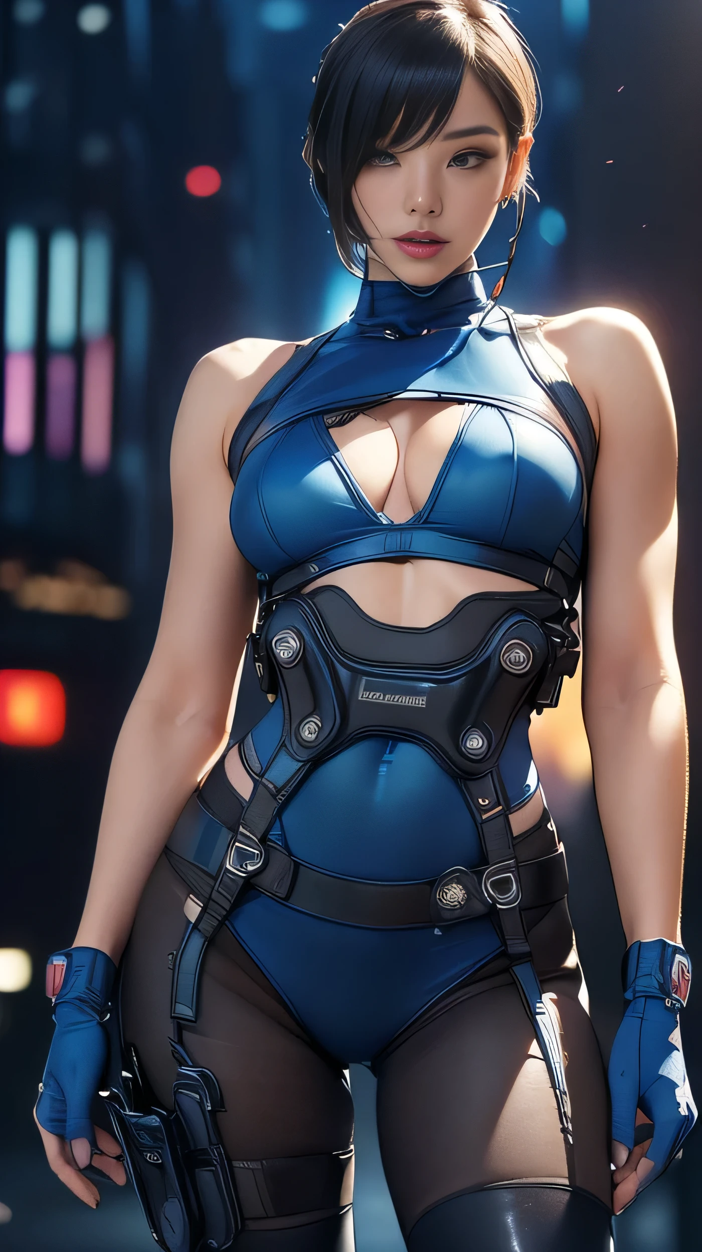 (A woman),(((A female member of the Future Force stands))),((Shiny dark blue tactical tights:1.5)),((earphone:1.5)),((Tactical Holster:1.5)),(Gloves:1.5),(Serious:1.5),(Super short hair:1.5),(beautiful eyes:1.3),(Very detailedな顔:1.5),((Very detailed drawing of a female hand:1.5)),(((muscular:1.5))),((Sexy appearance:1.5)),((Thick thighs:1.5)),(Beautiful Body:1.5),((Very sensual:1.5)),(The backdrop is a futuristic city:1.5),(Cyberpunk atmosphere:1.5),(((Blurred Background:1.5))),(Written border depth:1.5),rest(((masterpiece:1.5),(best quality:1.5),(Very detailed:1.5),(high resolution:1.5),(Practical:1.5),(Practical:1.5),(Delicate depiction),(Carefully drawn))),8k,wallpaper