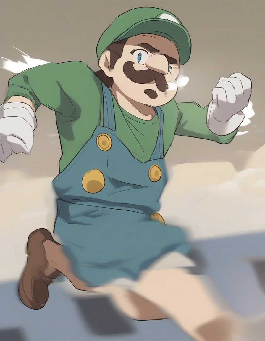 1Luigi , large mustache, green shirt, blue overalls with yellow buttons, white gloves, and brown shoes running and jumping