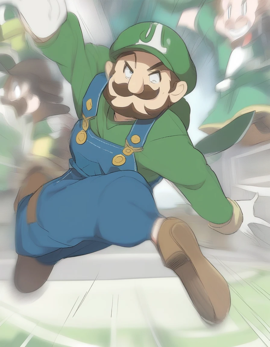 1Luigi , large mustache, green shirt, blue overalls with yellow buttons, white gloves, and brown shoes running and jumping