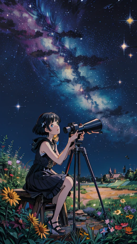 painting of a girl sitting with a telescope under a starr filled sky, cosmic starry sky, colorful, multicolored flowers, starry sky!!, starry sky, many stars in sky, night sky full of stars, dark starry sky, night time with starry sky, black sky full of stars, sky full of stars, the sky is a starry sky, galaxy in the night sky, starry night sky, black sky with stars,blue eyes,short hair
