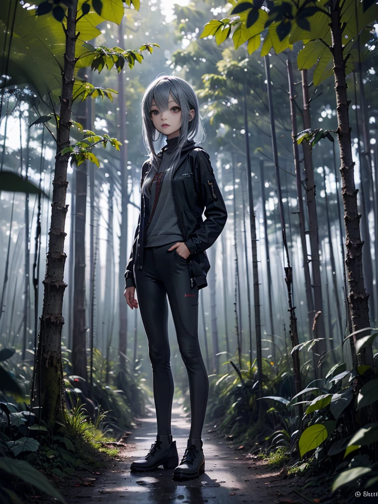 (((Masterpiece))), (high quality), one beautiful alien girl, 15 years old,(In the forest at night、A gray type alien girl is standing backwards:1.5),(Plain background:1.2)