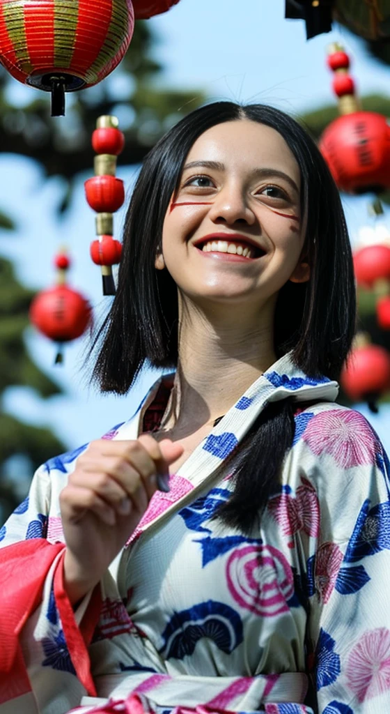 Highest quality、masterpiece、Ultra-high resolution、(Photorealistic:1.4)、RAW Photos、Detailed CG image quality、cyber punk、(Fireworks display:1.4)、Beautiful poop、One Girl、Japanese、18-year-old、(blue eyes:1.2)、Pink lipstick、Laughter、(Black hair:1.4)、Sunburned skin、(hair ornaments:1.4)、(Bathrobes:1.4), (Short length yukata:1.4)、Cleavage、Detailed portrait、8K quality、Concept Art、A dramatic, cinematic atmosphere、(Japanese Shrines:1.2)、(Japanese red and white lanterns:1.2)、Wind Chimes、(Festival Flag,)、Paper decoration、(3 + woman: 1.4)、Sharp focus、Volumetric lighting、Cinema Lighting、Colorful neon lighting、Depth of written boundary、Ambient Lighting、Blurred foreground、Blurred Background:1.3、(8mm fisheye lens:1.4)、(Angle from directly below:1.4)、(The whole body is visible:1.4)、