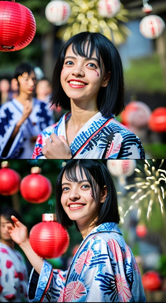 Highest quality、masterpiece、Ultra-high resolution、(Photorealistic:1.4)、RAW Photos、Detailed CG image quality、cyber punk、(Fireworks display:1.4)、Beautiful poop、One Girl、Japanese、18-year-old、(blue eyes:1.2)、Pink lipstick、Laughter、(Black hair:1.4)、Sunburned skin、(hair ornaments:1.4)、(Bathrobes:1.4), (Short length yukata:1.4)、Cleavage、Detailed portrait、8K quality、Concept Art、A dramatic, cinematic atmosphere、(Japanese Shrines:1.2)、(Japanese red and white lanterns:1.2)、Wind Chimes、(Festival Flag,)、Paper decoration、(3 + woman: 1.4)、Sharp focus、Volumetric lighting、Cinema Lighting、Colorful neon lighting、Depth of written boundary、Ambient Lighting、Blurred foreground、Blurred Background:1.3、(8mm fisheye lens:1.4)、(Angle from directly below:1.4)、(The whole body is visible:1.4)、