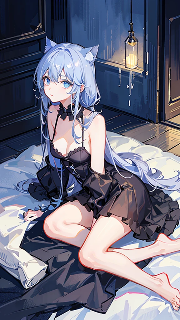 The main character is a pitch black cat、Light blue eyes、Curled up alone in the nearby room、Close-up of a cat、The background is night