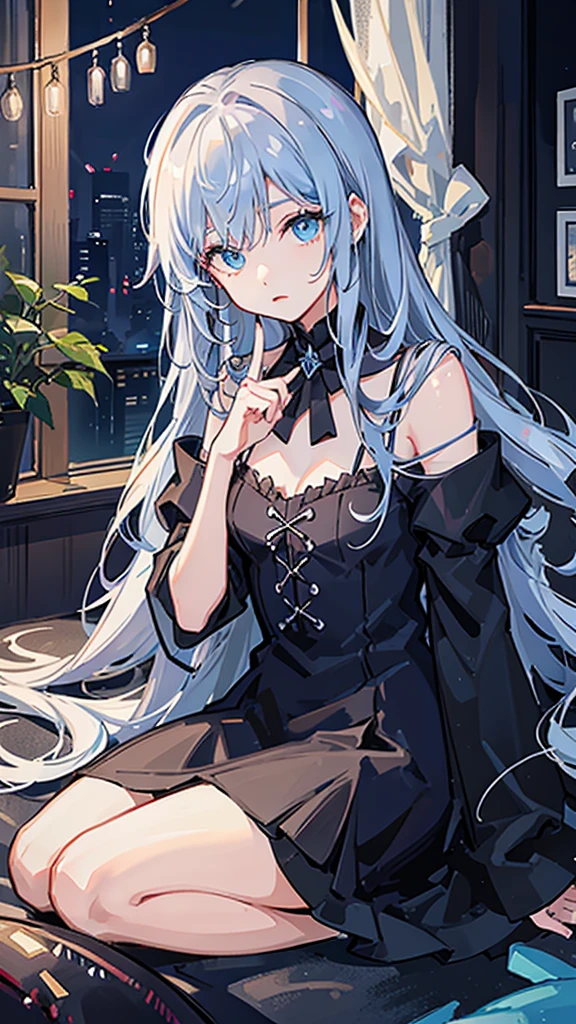 The main character is a pitch black cat、Light blue eyes、Curled up alone in the nearby room、Close-up of a cat、The background is night