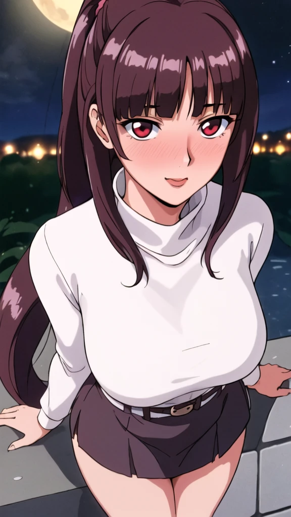 white turtleneck, black pencil shirt,black short skirt, belt,hair ornament, hair scrunchie,low ponytail, long hair, bangs, brunette, black hair, blunt bangs, big red eyes, alone, 1 girl, Young female, 18 years old, sexy gal, very cute, smile, Beautiful Finger,Beautiful long legs,Beautiful body,Beautiful Nose,Beautiful character design, perfect eyes, perfect face,expressive eyes, looking at viewer, in the center of the image,(light smile:0.5), official art, outdoor, portrait, perfect lighting,Colorful, Bright_Front_face_Lighting,shiny skin, (masterpiece:1.0),(best quality:1.0), ultra high res,4K,ultra-detailed, photography, 8K, HDR, highres, absurdres:1.2, Kodak portra 400, film grain, blurry background, bokeh:1.2, lens flare, (vibrant_color:1.2), (beautiful face), (slim body, curvy body), (ashamed, blushing), glossy lip rouge, glossy crimson rouge, (jealousy), SFW, seductive, charming,(attractive,enchanting,fascinating,captivating,bewitching,enthralling,entrancing,attractive,gripping,engrossing),airport,night,fullmoon,bluemoon,(flush, blush, flushing, suffusion),(perplexity; aporioneurosis; quandary; bewilderment; embarrassment),blusing,