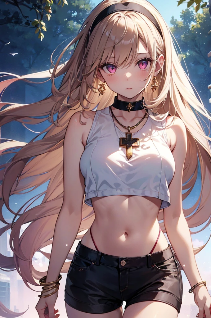 girl kawaii, a extremely delicate and beautiful girl, beautifully painted, super fine illustrations, from below, stomach, hand up, tattoo, Perfect body, woman, young, lowing long hair, light brown hair, streaked hair, beatiful detailed hair, Beautiful face, complex details beautiful and delicate eyes, Slightly open mouth, Delicate arms and hands, large breasts, Bare navel, thighs, pink eyes, white skin, chain storm, hairband, earrings, cross necklace, golden bracelet, ice cream, sleeveless shirt, short shorts, overexplosure, crop top, white Clothes, (outdoors), (skyscraper), (blue sky), reflection light, very detailed light, best quality, wallpaper 8k CG, masterpiece,