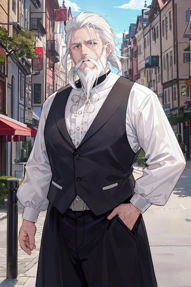 middle-aged white-haired man、Dressed as an adventurer、Short Beard、Center Parting、Town Square、A large number of residents、Scenes conveying danger、
