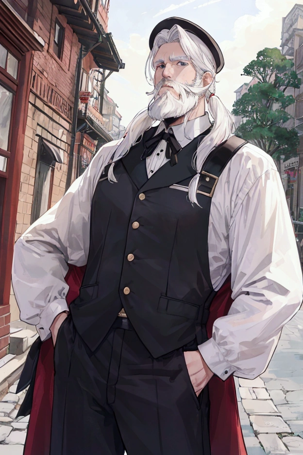 middle-aged white-haired man、Dressed as an adventurer、Short Beard、Center Parting、Town Square、A large number of residents、Scenes conveying danger、