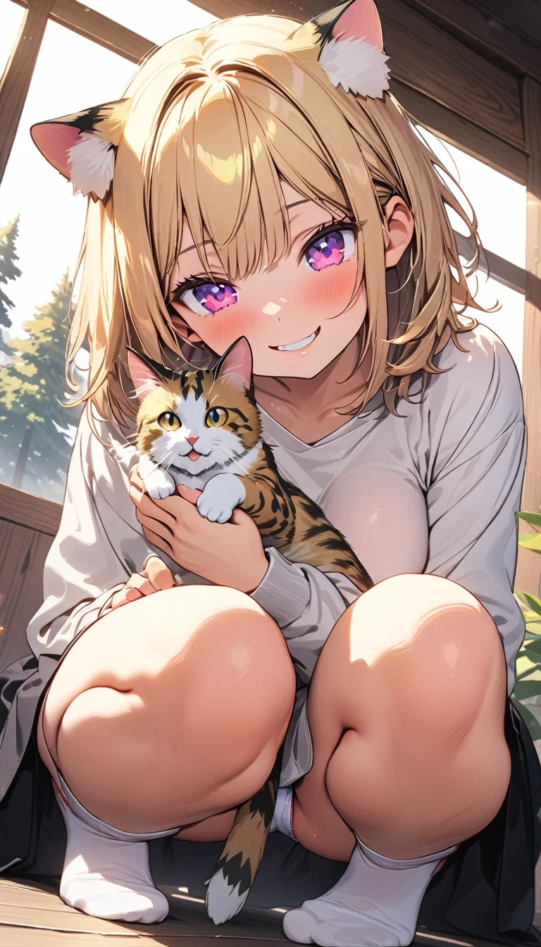 (Best quality, 8k, 32k, Masterpiece, UHD,:1.2),RAW, 1girl,ultra cute , natural lighting,transparent shining eyes, 20yo,medium breast ,fair complexion ,flushed face, dynamic angle, short hair, White sweater, squatting near windows, ((Big Norwegian Forest Cat at her foot)), Big Cat, Playing with Cat, fun expression, Happily, Show off panties, White panties
