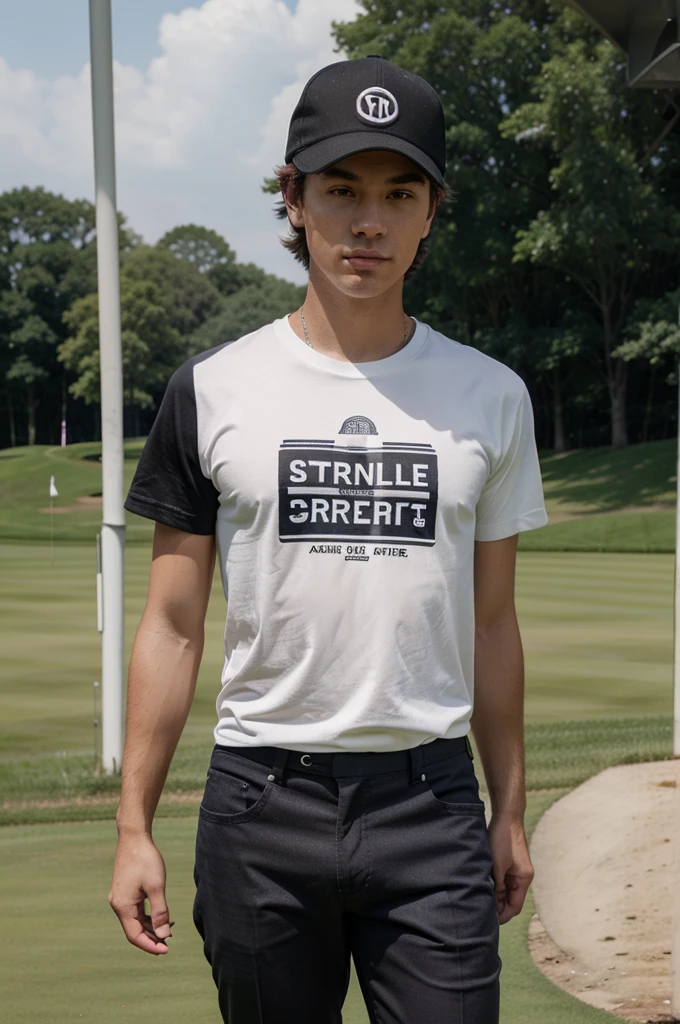 Generate a ultra fine realistic mockup of a Stanley Stella STTU755 t-shirt worn by a male model with baseball cap in front of a golfcourse. The model should be standing in a casual pose, with the t-shirt clearly visible from the front. The t-shirt should be plain black without any prints, text or designs. The background should be simple and clear golfcourse. Ensure the lighting is perfect for an online shop, highlighting the t-shirt's details and fabric quality. The overall image should be clean and professional, focusing on the t-shirt and the model.