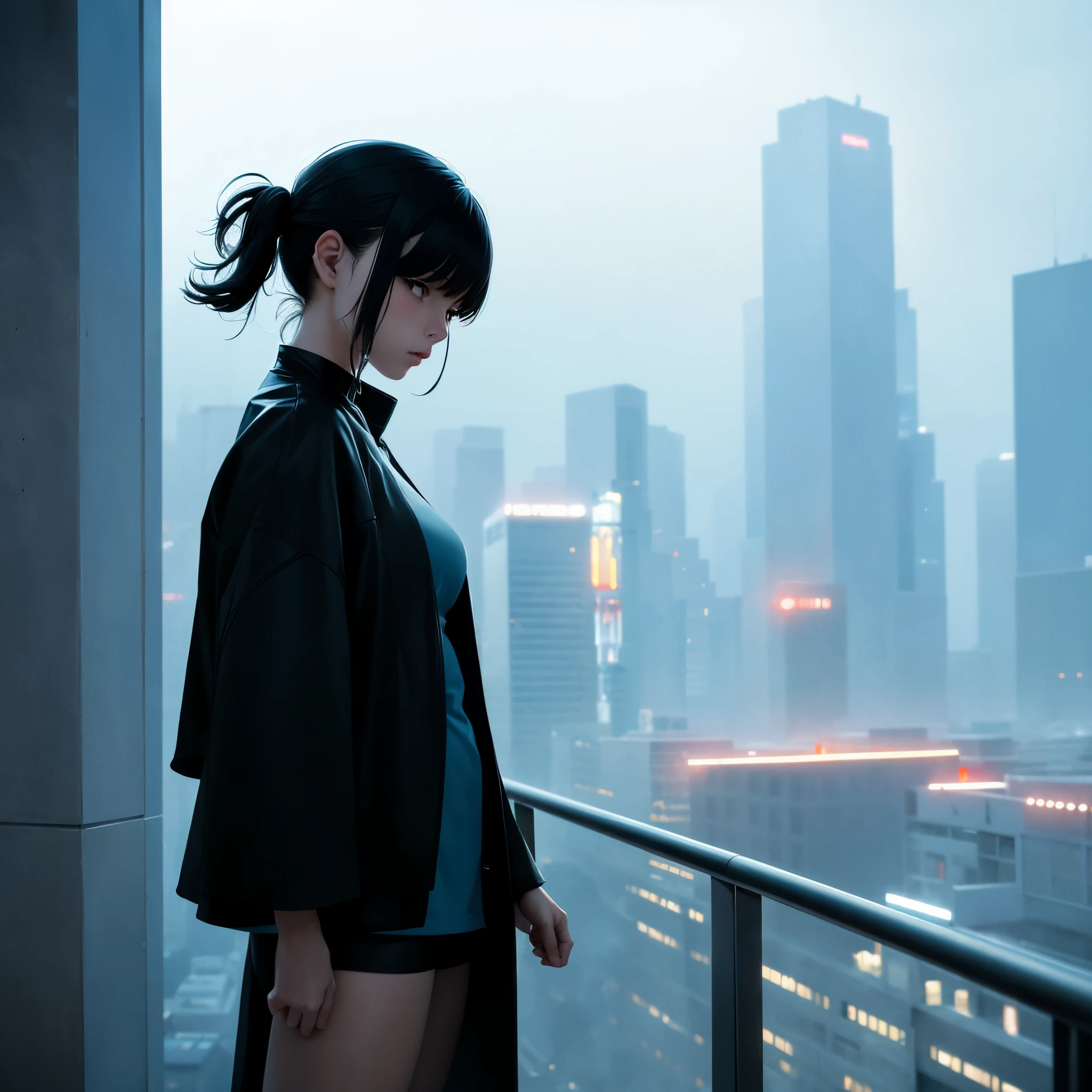abstract colors, texture, Film Grain, Skin pores:0.Standing on a balcony overlooking a futuristic landscape、One Girl、One complex and dramatic portrait of a beautiful, windswept sci-fi scientist (Solarpunk)1.2 Cities, Foggy Morning, Movie stills, Blade Runner 2049, Punk Hairstyles, Altered carbon, (Analog Style)1.3 (Film Grain)1.3,