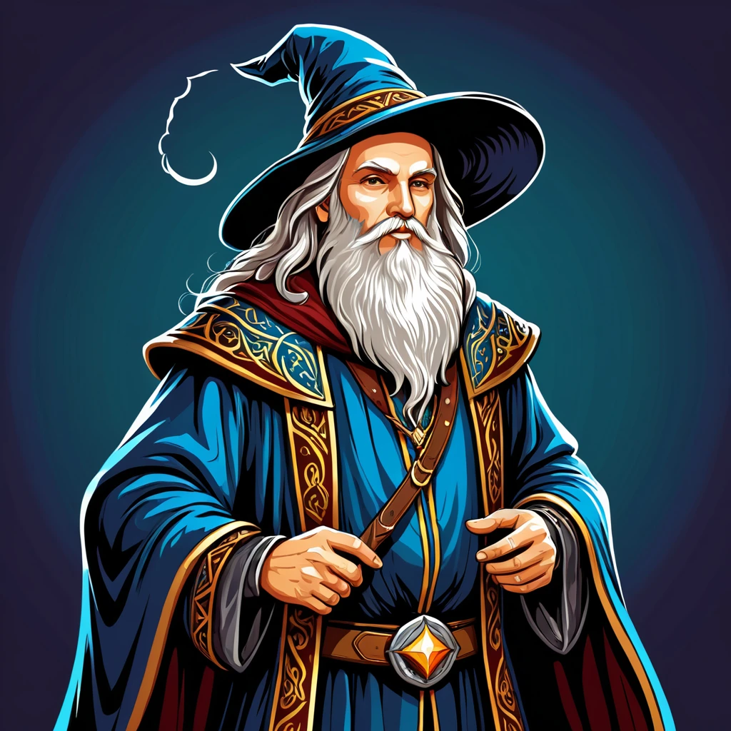 old wizard in fantasy folk outfit, vector graphics, strong contours