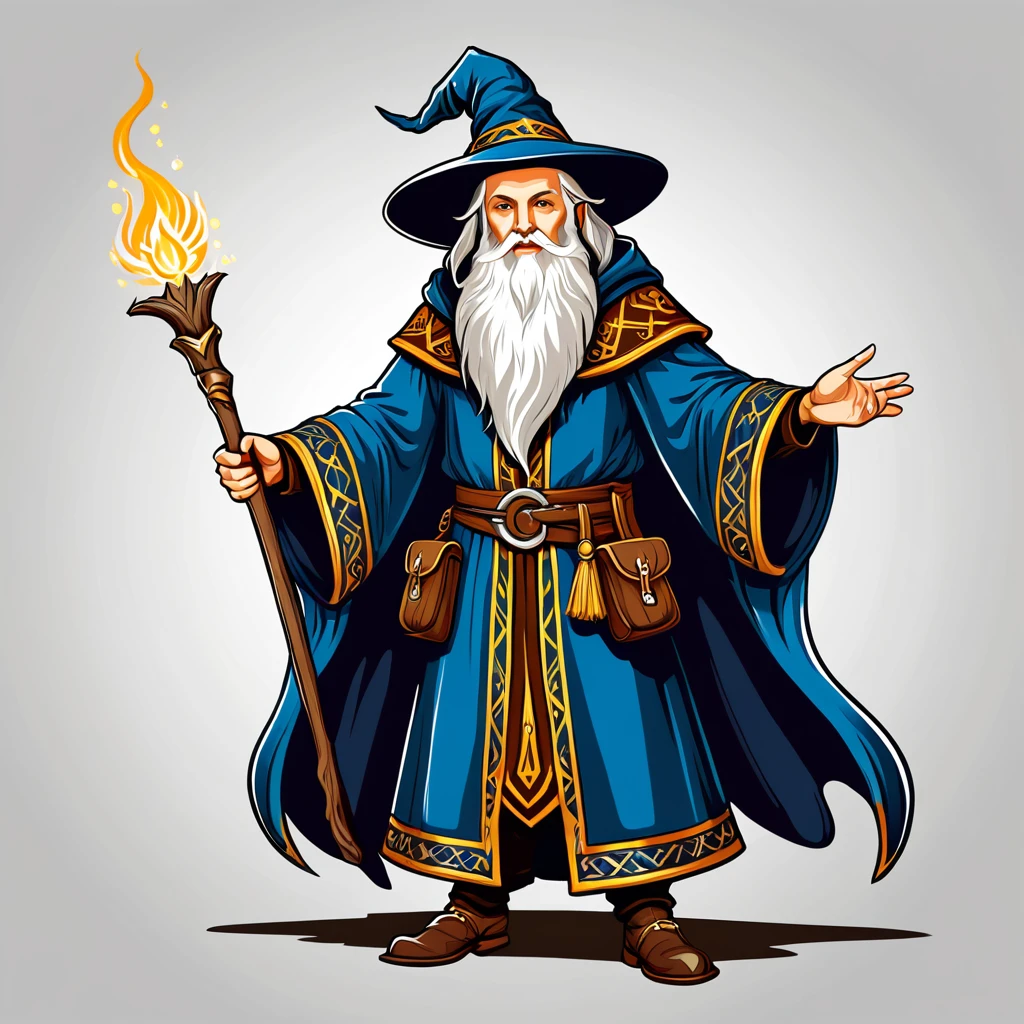 old wizard in fantasy folk outfit, vector graphics, strong contours
