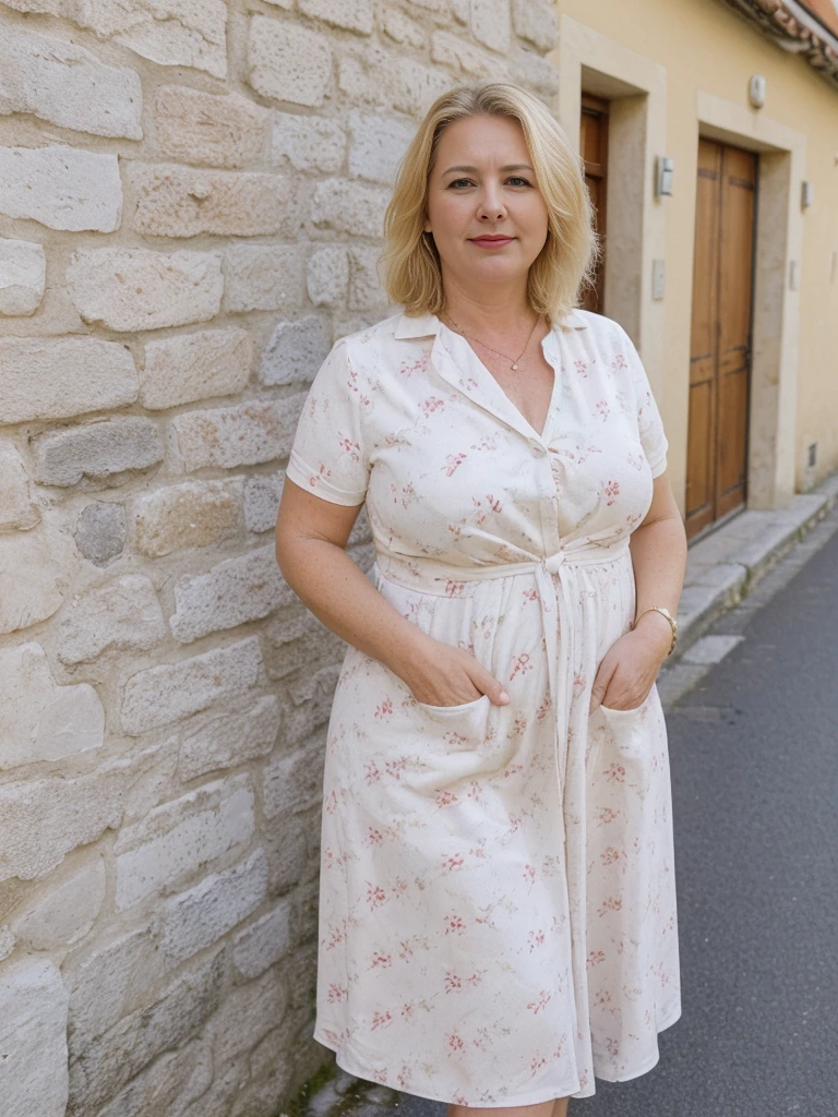 her name is Amélie, high quality, ((mature)), ((white pale skin)), 1girl, ((40-year-old chubby Swiss woman)), ((40 years old)), ((chubby)), ((CRANKY short BLONDE)), pose: sensual, wearing stylish (((wearing in trend printed modern wear))), ((BACKGROUND: strolling through a picturesque village in the south of France))
