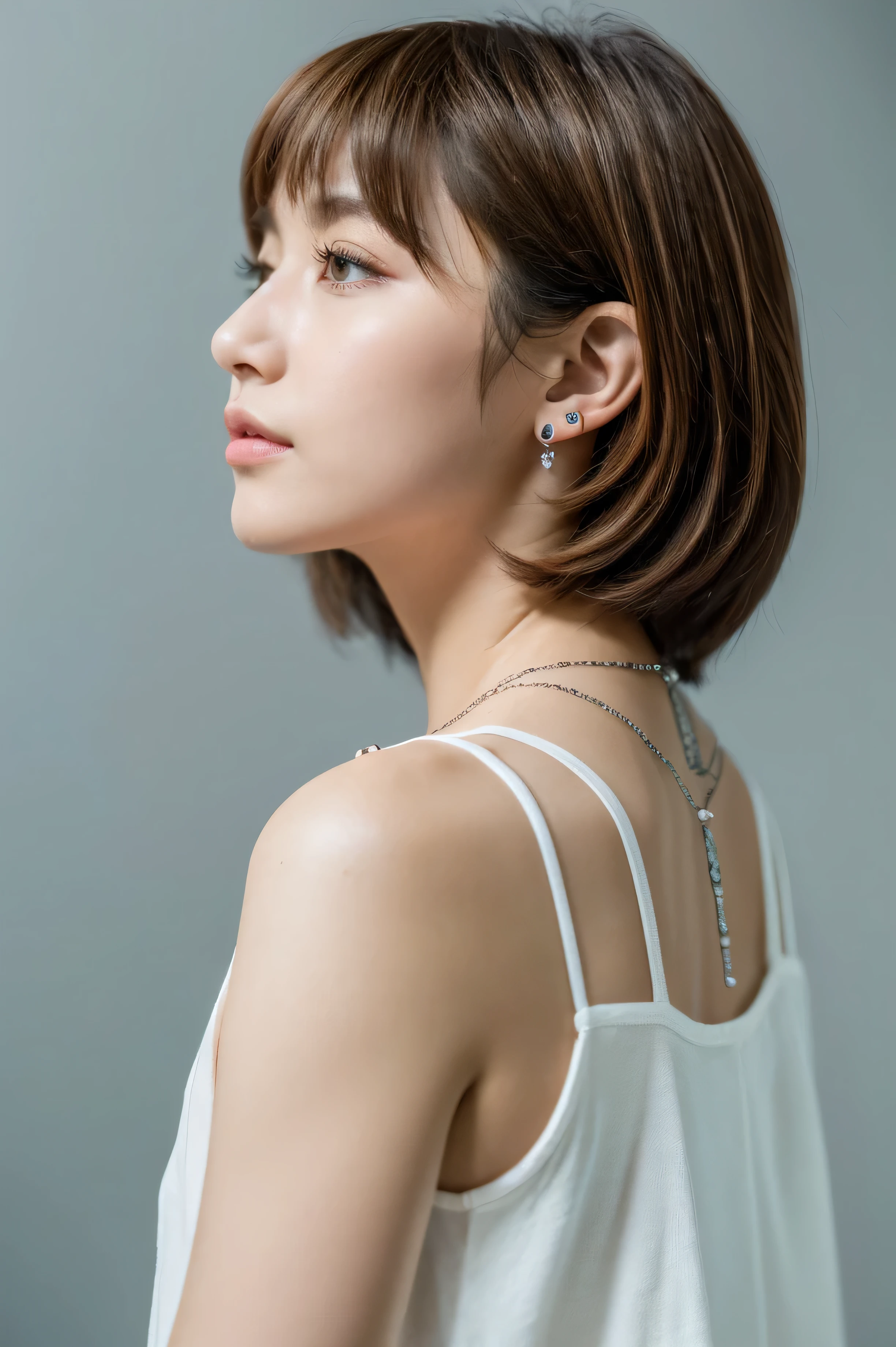 White concrete background、(8k、RAW Photos、Highest quality、masterpiece:1.2)、High-quality RAW color photos、Professional photos、(Realistic、フォトRealistic:1.37)、Photographed in natural light、1 girl,necklace、Pastel colored clothes、(Beautiful profile:1.3)、profile、Shortcuts、Looking into the camera、((Brown Hair)、short hair、Eye color is dark brown、(Beautiful profile:1.3)、Correct hand of human body、Simple Piercing Information
