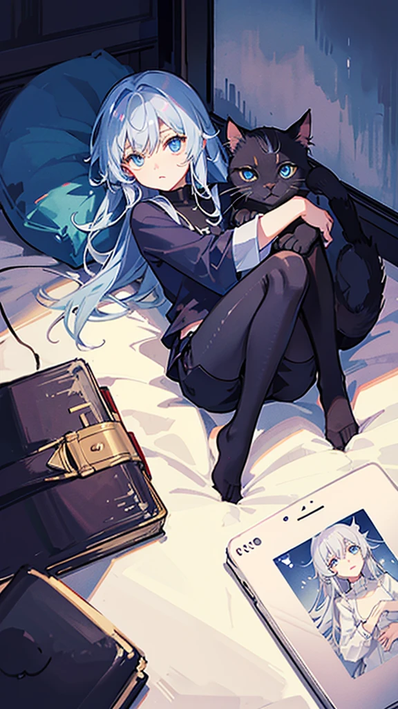 Pitch black cat、Light blue eyes、Curled up alone in the nearby room、Close-up of a cat、The background is night