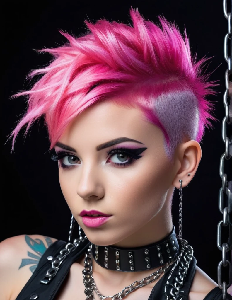 Very attractive 25 year old female with bright pink hair, Beautiful, Firm, front view, intricate details, short mohawk , glamour , 25 years old, front view, low pov, dark makeup, open pose, cyber punk, chains, photo quality