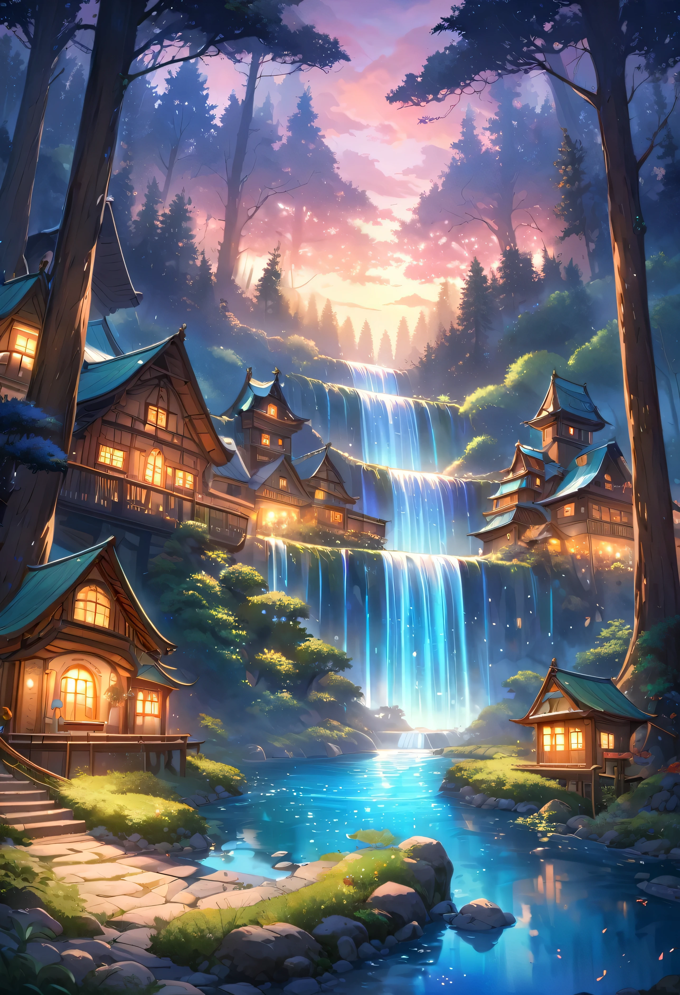 The atmosphere of a village where fairies live deep in the forest.,Trees cover half the sky, Hazy Mist, flowing stream of light, Winding small cascading waterfall, nice waterfall, Beautiful fantasy paintings, bioluminescence waterfall, golden heavenly light, Epic surrealist 8K oil painting, A small European-style house is a fairy house, lighting in the house, forest of giant trees, Dusk, sunset, calm stream water, Magnificent tree,