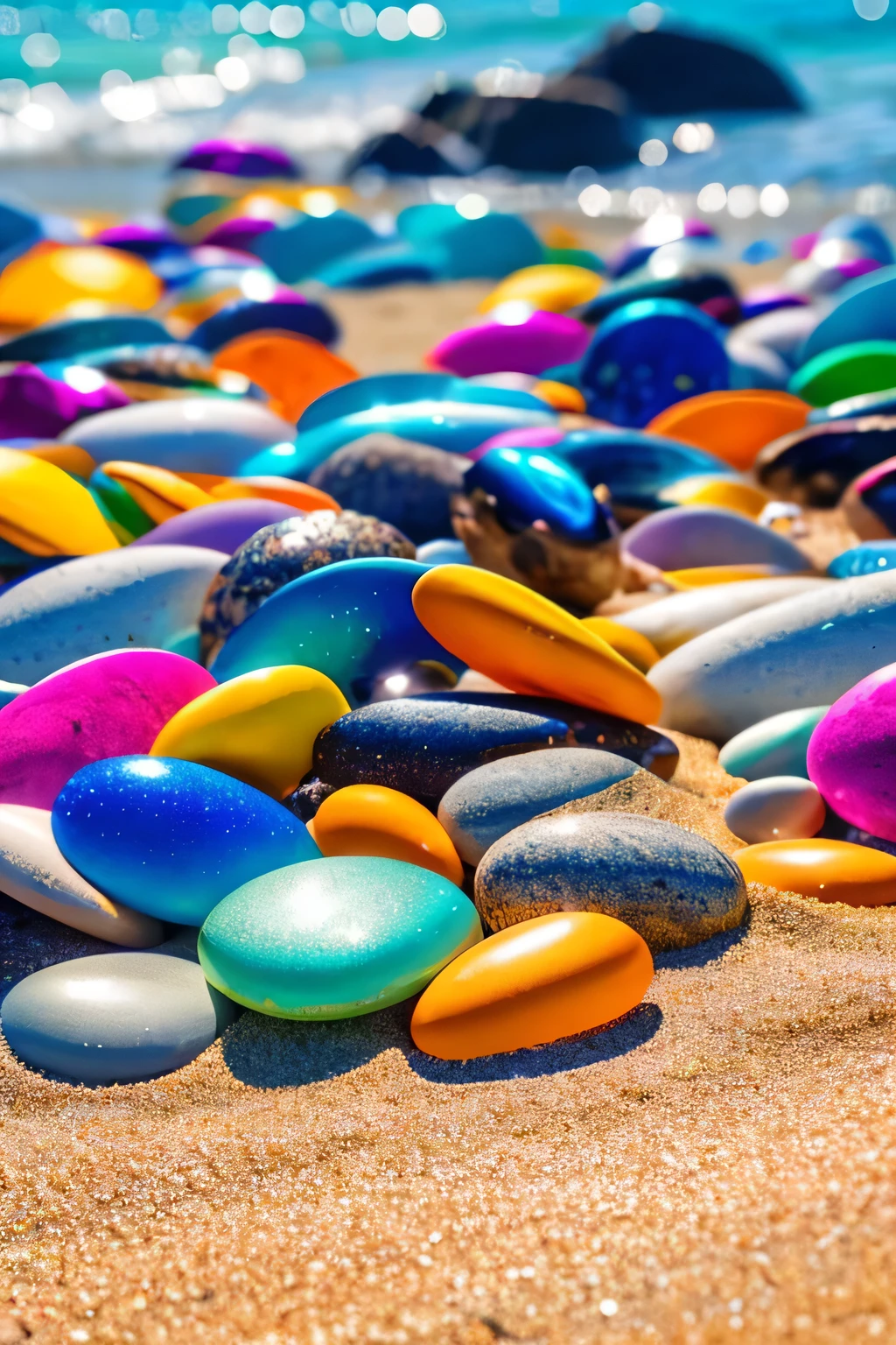 Image of shiny colorful beach pebbles in clear sea water that is beautiful and warm and natural for background or wallpaper