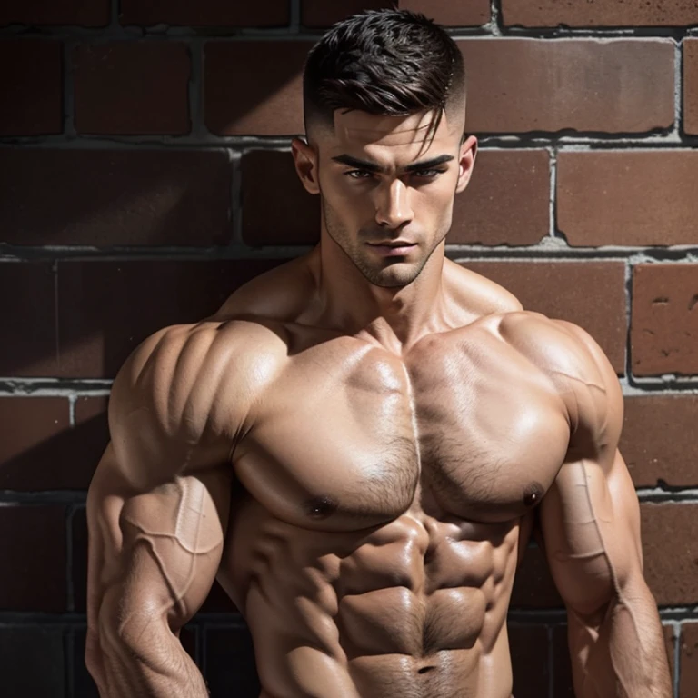 a muscular shirtless man with mid fade haircut,extremely detailed face and muscles,extremely detailed eyes and facial features,muscular body,veins,chiseled jawline,leaning against a brick wall at night, seen close-up