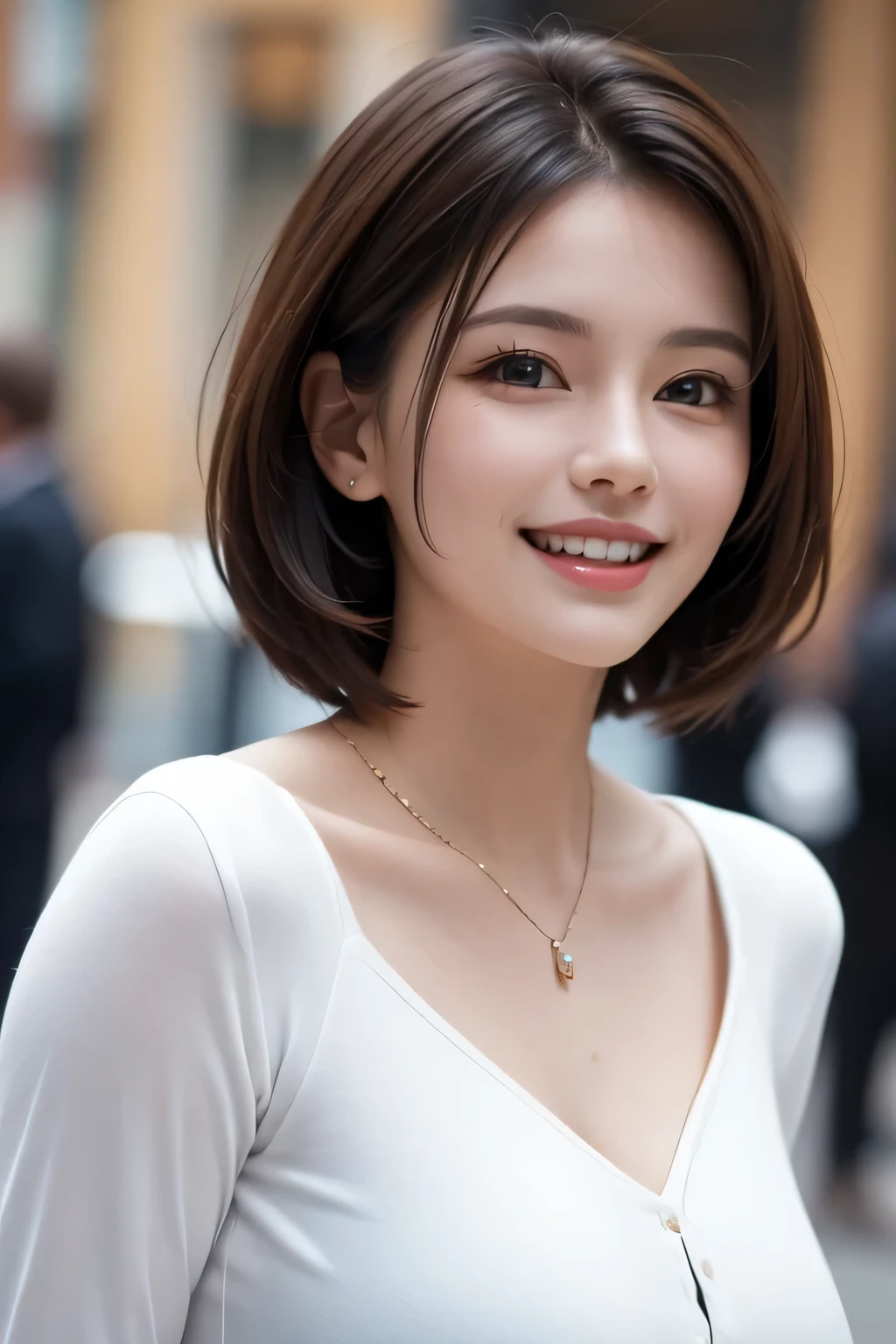 ((masterpiece)), ((Highest quality)), ((Complex)), ((Surreal)), (Realistic), (Mature Woman), ((No classes)), Very detailed, (1 female), Beautiful and exquisite, (Beautiful Teeth), Grin, Brunette Bob Hair, Brown eyes, ((blouse)), (Upper Body), (background:none), Perfect Eyes, Captivating eyes, Looking at the audience