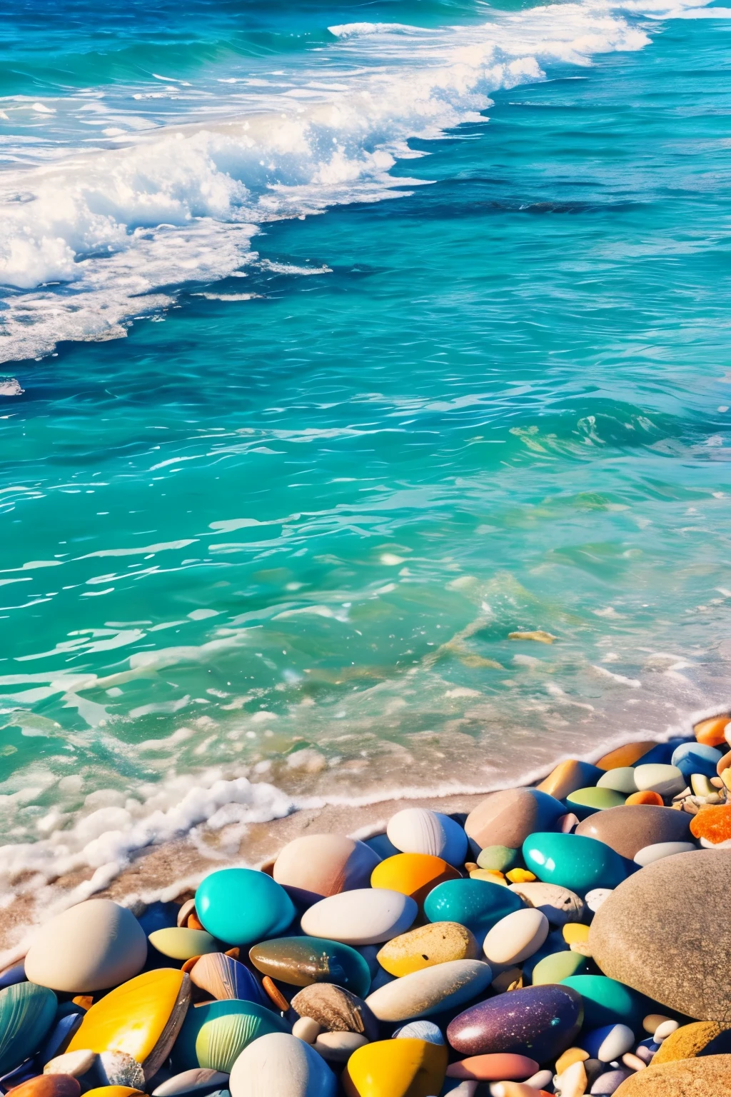 Image of shiny colorful beach pebbles in clear sea water that is beautiful and warm and natural for background or wallpaper