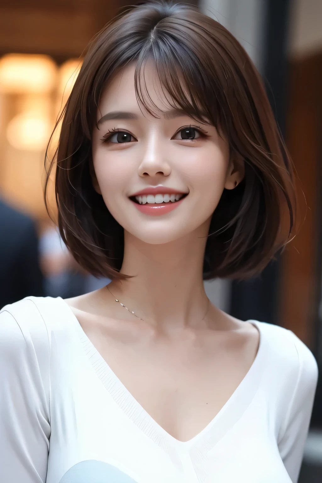 ((masterpiece)), ((Highest quality)), ((Complex)), ((Surreal)), (Realistic), (Mature Woman), ((No classes)), Very detailed, (1 female), Beautiful and exquisite, (Beautiful Teeth), Grin, Brunette Bob Hair, Brown eyes, ((blouse)), (Upper Body), (background:none), Perfect Eyes, Captivating eyes, Looking at the audience