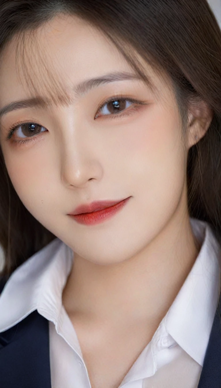 8k, Ultra-high resolution, Highest quality, masterpiece, 三分割法によるphotograph,Surreal, photograph, 1 girl, (:1.3), pretty girl, Cute Face, Beautiful eyes in every detail, 細かくdetailedに,masterpiece,One Girl:1.2, Japan Female Announcer,Tabletop,Glare,Black Hair,Slicked back hair,Blazer Uniform,White collared blouse,The chest buttons are open,Sharp focus、Perfect dynamic composition、Beautiful and detailed、Thin Hair、Realistic skin texture with attention to detail、smile、Close-up portrait、Model body type,Looking at the audience、beauty,Long neck、(((Ideal body type))),A-cup small breasts :2,、Portraiture:2、Perfect Anatomy、なdetailed、detailed、Surreal、Light and shadow,Strong light