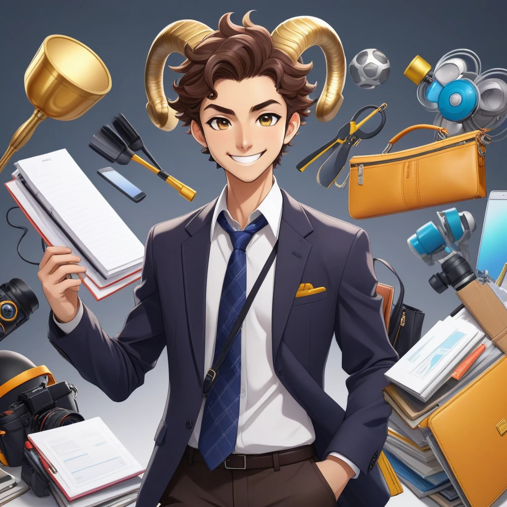 Stylish anime Aries man in business casual, grinning as he effortlessly juggles work items and hobby gear