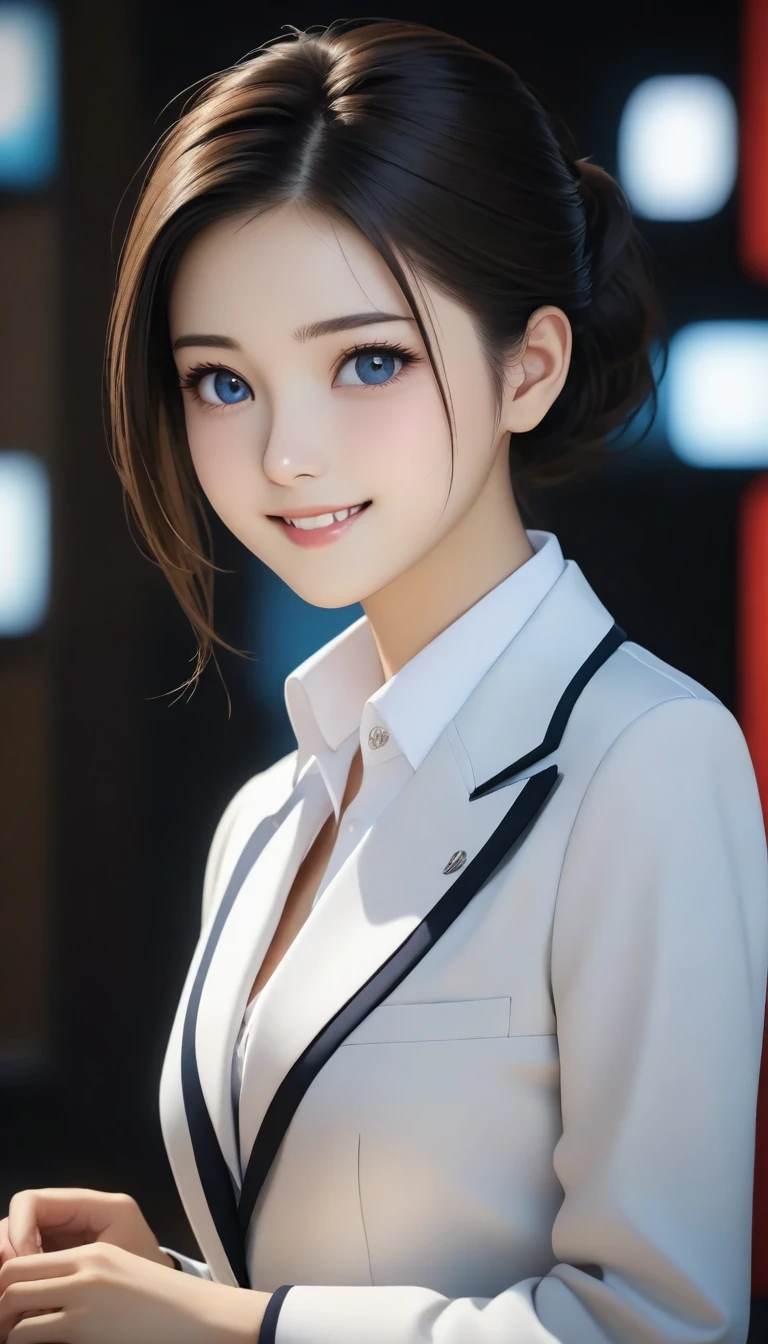 8k, Ultra-high resolution, Highest quality, masterpiece, 三分割法によるphotograph,Surreal, photograph, 1 girl, (16 years old:1.3), pretty girl, Cute Face, Beautiful eyes in every detail, 細かくdetailedに,masterpiece,One Girl:1.2, Japan Female Announcer,Tabletop,Glare,Black Hair,Slicked back hair,Blazer Uniform,White collared blouse,The chest buttons are open,Sharp focus、Perfect dynamic composition、Beautiful and detailed、Thin Hair、Realistic skin texture with attention to detail、smile、Close-up portrait、Model body type,Looking at the audience、beauty,Long neck、(((Ideal body type))),A-cup small breasts :2,、Portraiture:2、Perfect Anatomy、なdetailed、detailed、Surreal、Light and shadow,Strong light