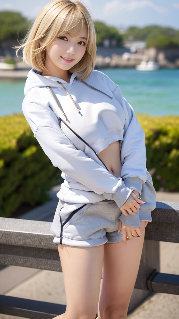セクシーなBig Breasts、Sexy cute looks and cute 15 year old beautiful girl, Beautiful and sexy face、A strong wind blows my hair in front of my face、With straight blonde hair、Beautiful, cute and sexy eyes hidden behind long bangs、セクシーなBig Breasts、Sexy cute looks and cute 15 year old beautiful girl, Beautiful and sexy face、A strong wind blows my hair in front of my face、A short-haired blonde with cute, sexy eyes hidden by long bangs.、cuteリボン、Tabletop, highest quality, figure, Very detailed, In detail, High resolution, 8k wallpaper, Perfect dynamic composition, Beautiful fine details, Blonde Short Hair,Huge breasts, Natural color lip, Bold sexy pose,smile,cute、sexy shot looking at camera,rift、(Woman wearing a thin sweatshirt、Sweatshirt that reaches to the crotch:1.8)、(Shorts、High Leg:1.8)、(Big Breasts、belly button、Waistline:1.3)、(smile、plump lower lip、Pink Lips:1.3),(Accentuate your thighs:1.4)、
